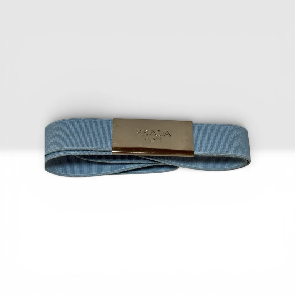 PRADA Women’s Blue Stretch Fabric Gift Band Or Belt w/ Silver Logo + Patch - Picture 3 of 7